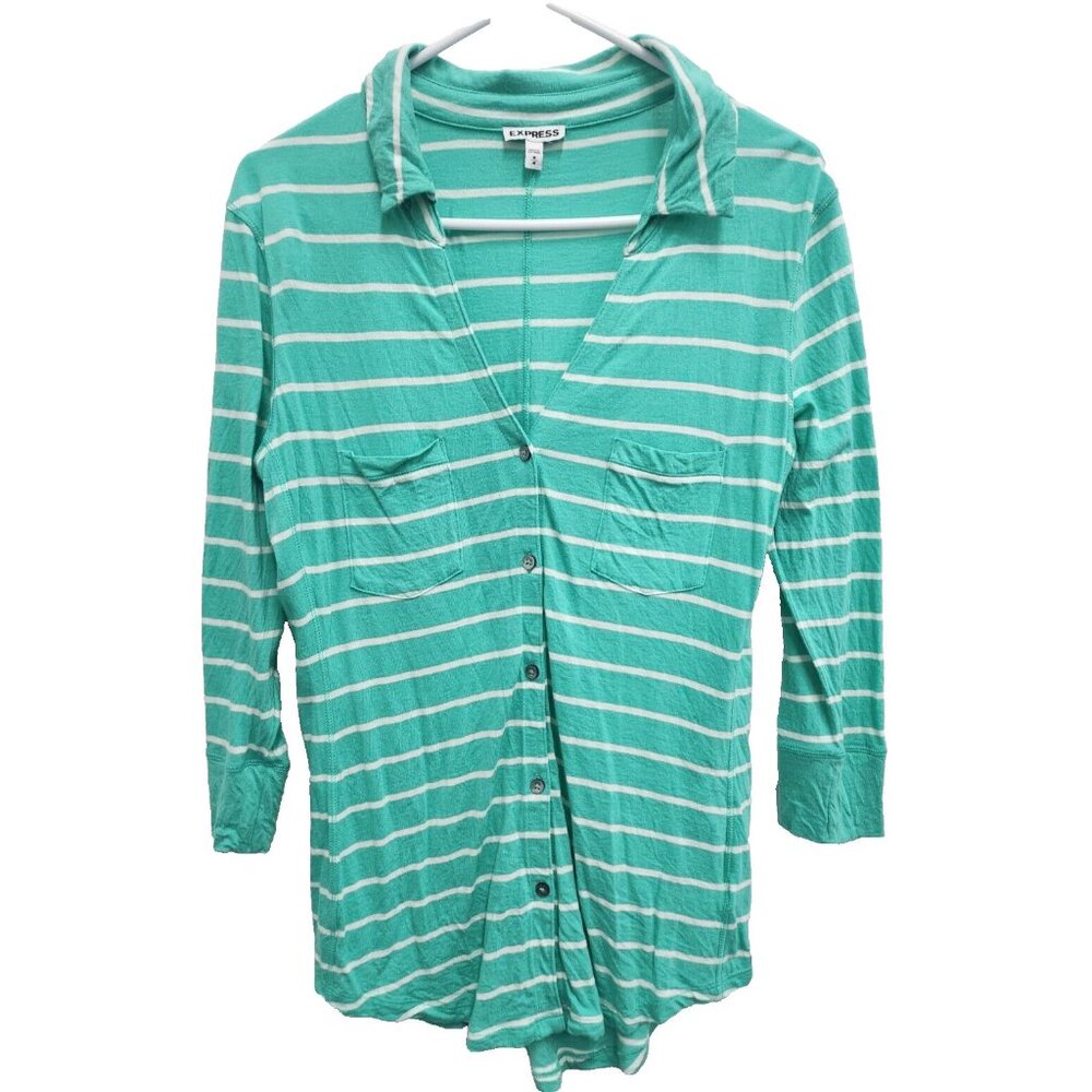 Express Top Womens Medium Mint White Striped Button up 3/4 Sleeve Preppy Casual‎